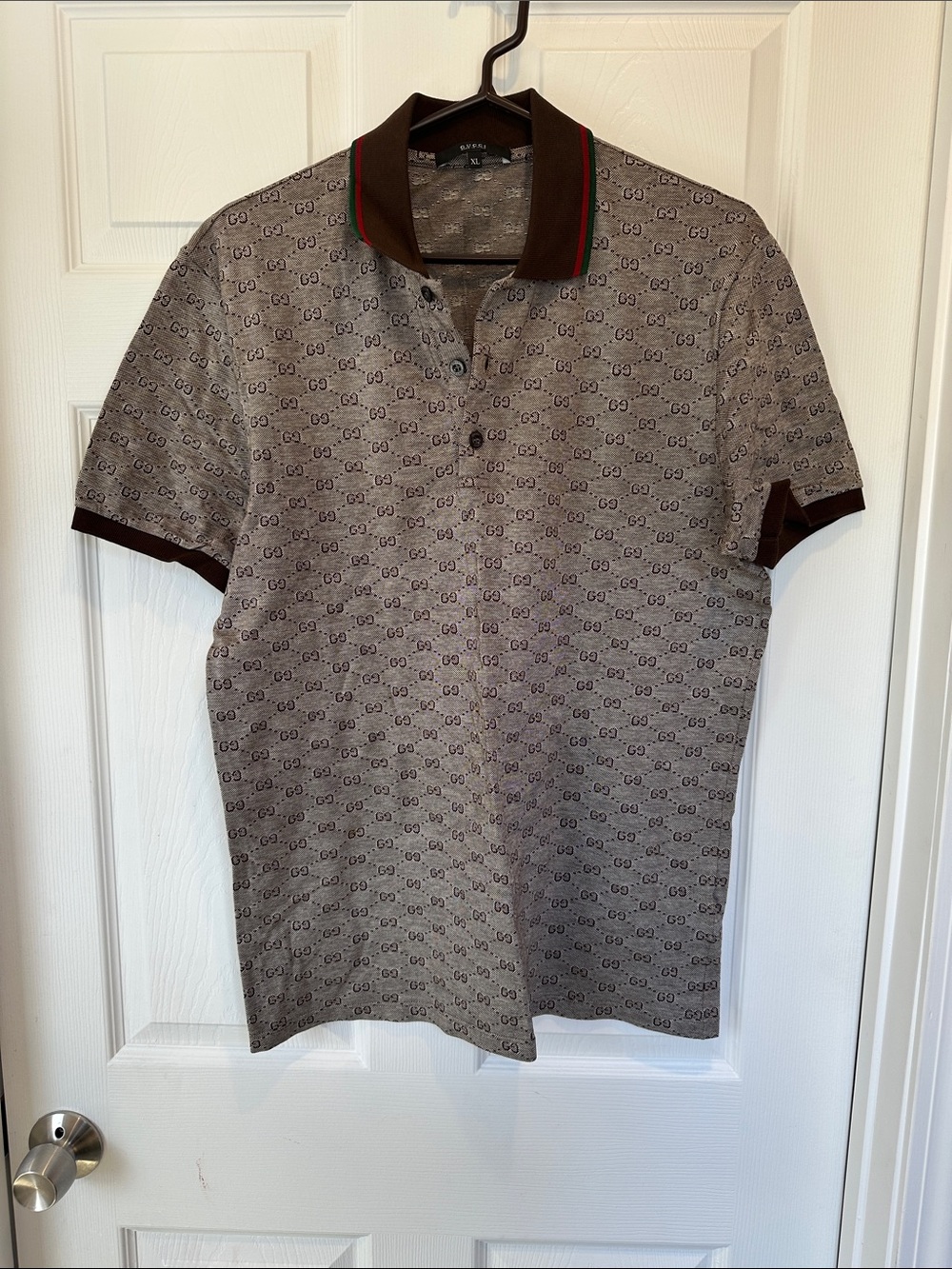 Gucci GG Monogram Polo Shirt Mens  XL Brown Slim Fit Web Collar Made In Italy